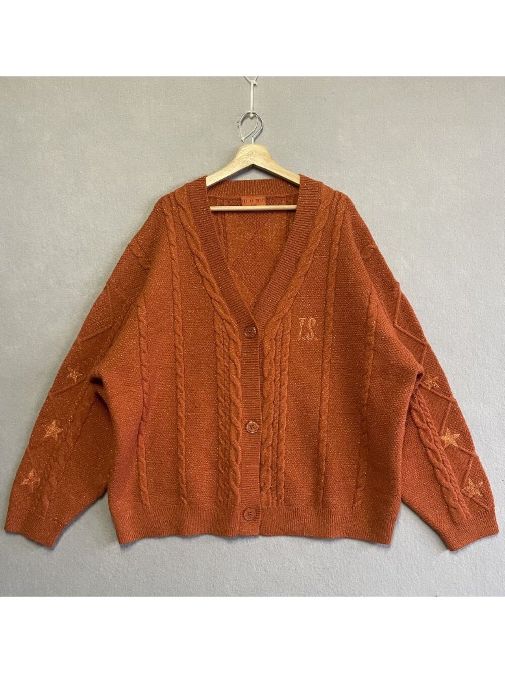Taylor Swift Rust-Orange Glitter Knit Cardigan XL/2XL Star Accents TS Monogram